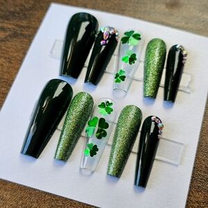 24 pcs st Patrick day green glitter clover press on nails